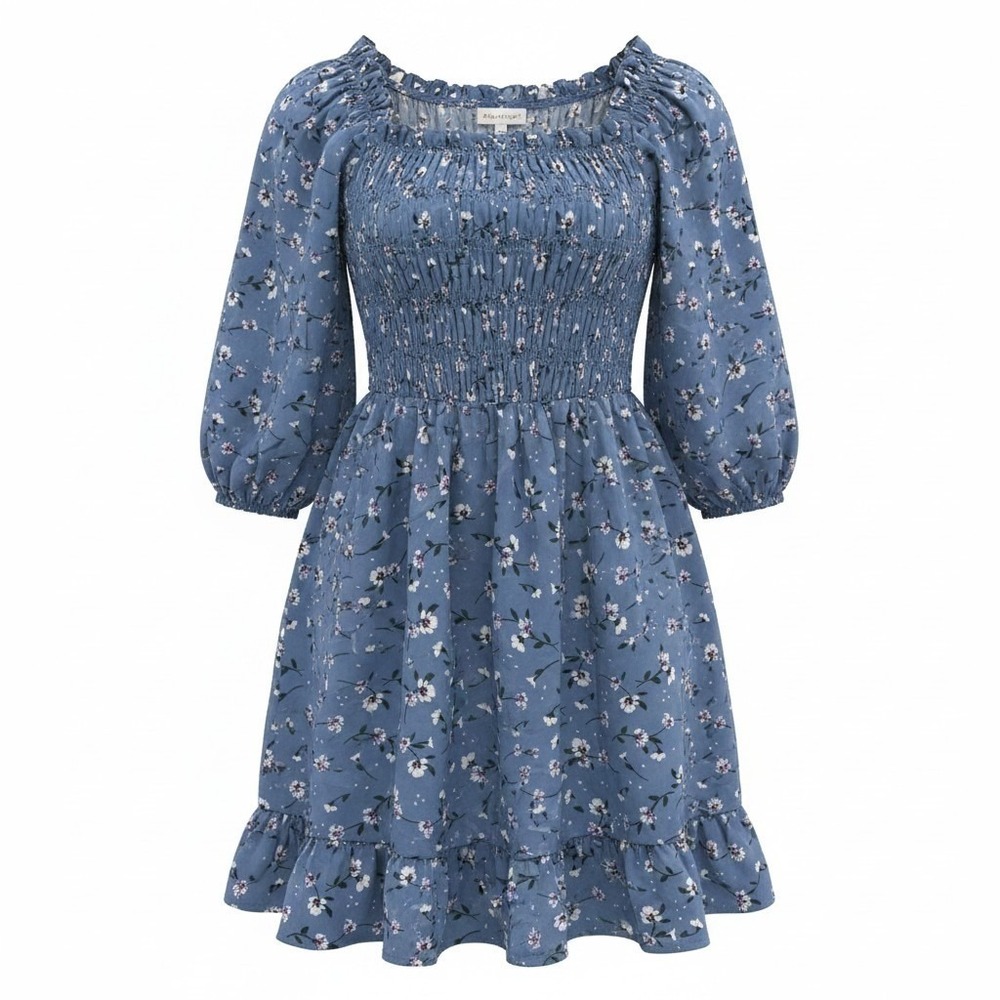 Sienna Sky Blue Floral Smocked Mini Dress XS Cottagecore Puff Sleeve
